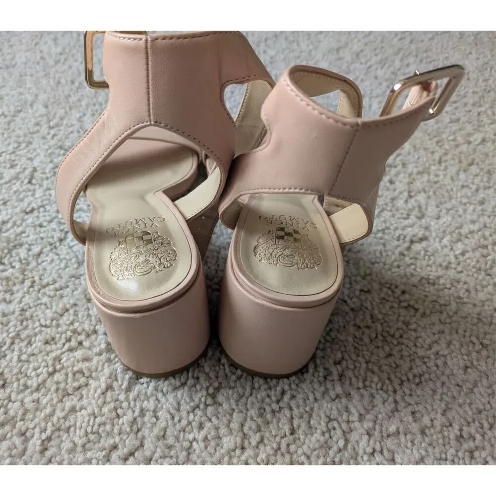 Vince Camuto Open Toe Sandal Nude Pink Ankle Strap Block Heels Sz 8.5
